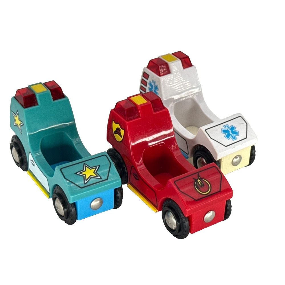 BRIO Wooden‎ Push Along Cars Lot Police Fire Rescue Star Toy Vehicles Kids Set